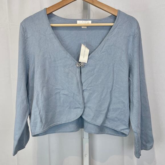NWT ANN TAYLOR Cropped Cardigan Sweater 3/4 Sleeve Jewel Close Blue Silk XL - Picture 8 of 8